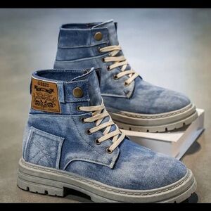 New! Men / Women Heavy-Duty Denim-Like Upper High Tops Boots-Lace-Up Round Toe
